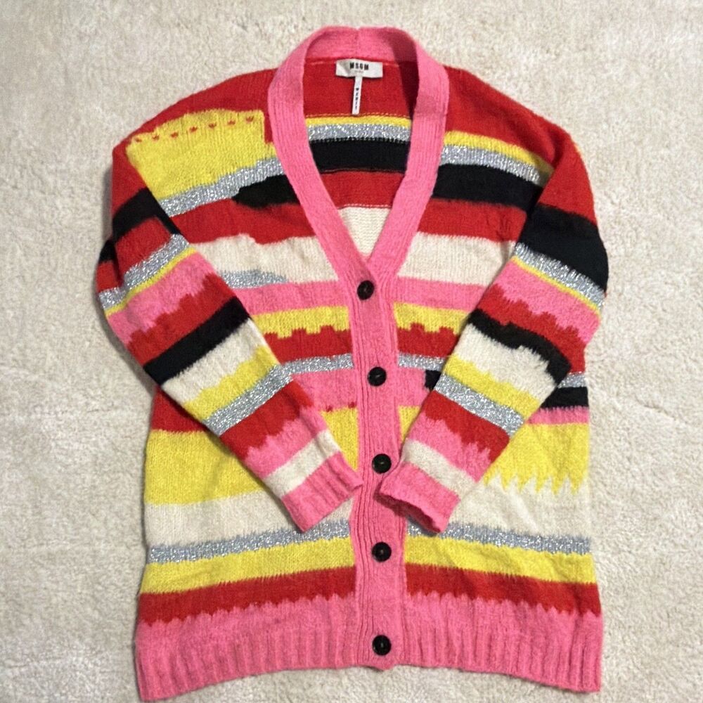 Oversize MSGM Milano Striped Multicolor Knit Button Front VNeck Cardigan Sweater